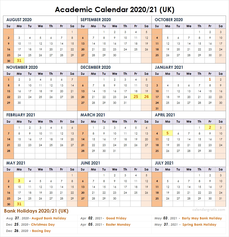 2020-2021 School Calendar Template | Academic Calendar