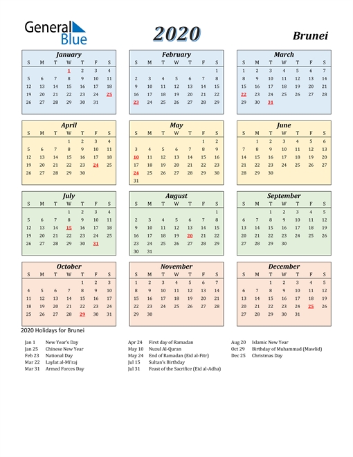 2020 Brunei Calendar With Holidays