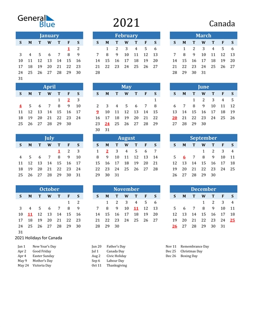 2020 Calendar 2021 Printable Canada | 2022 Calendar