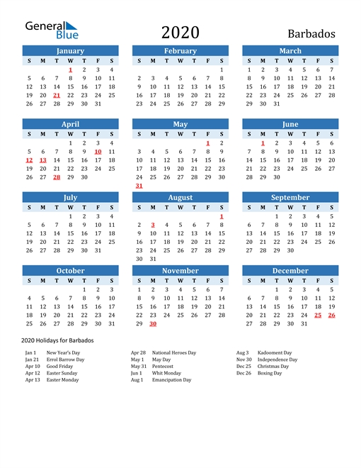 2020 Calendar - Barbados With Holidays
