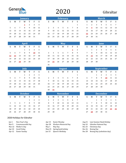 2020 Calendar - Gibraltar With Holidays