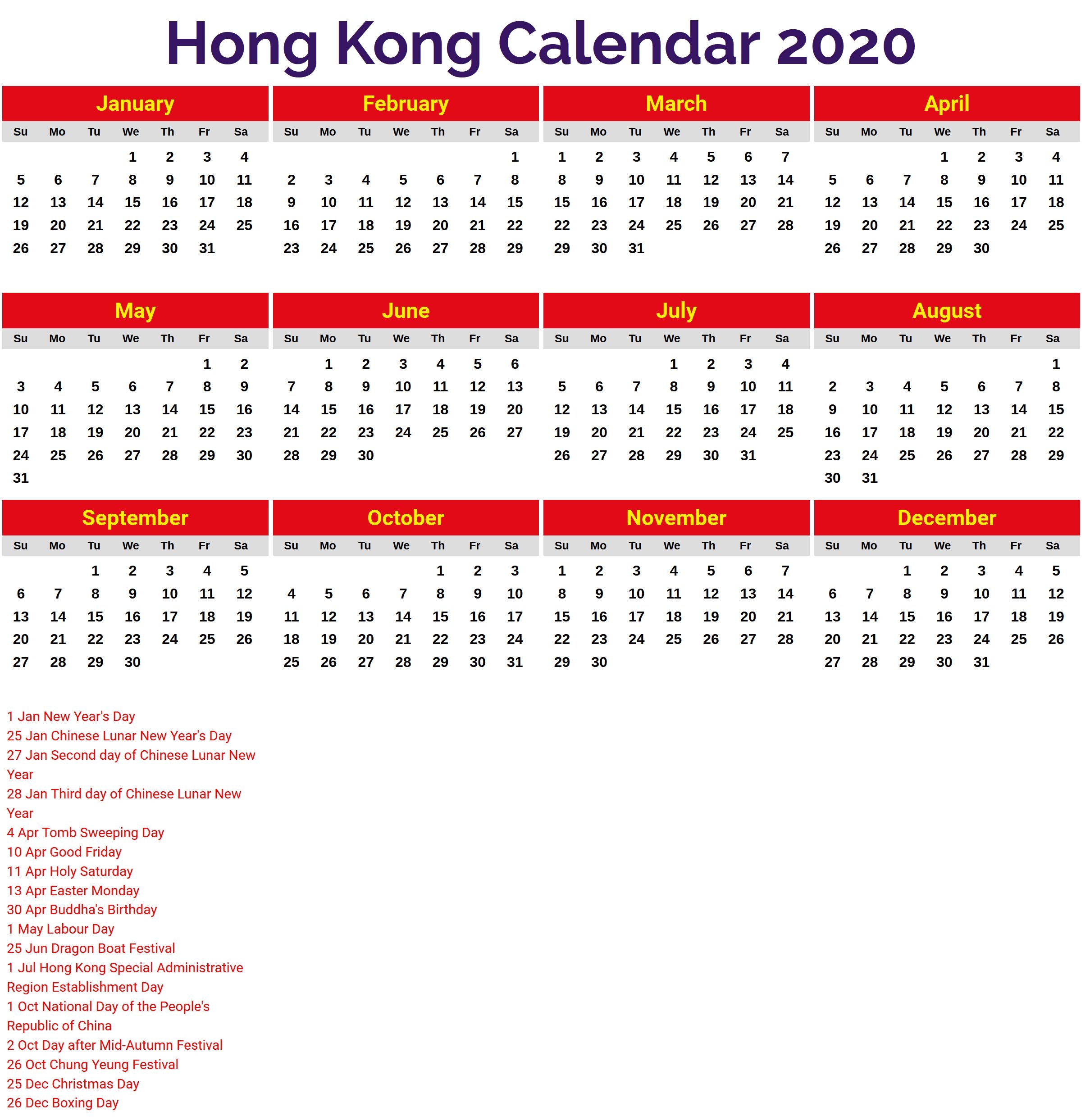 2020 Calendar Hong Kong - Printable Year Calendar