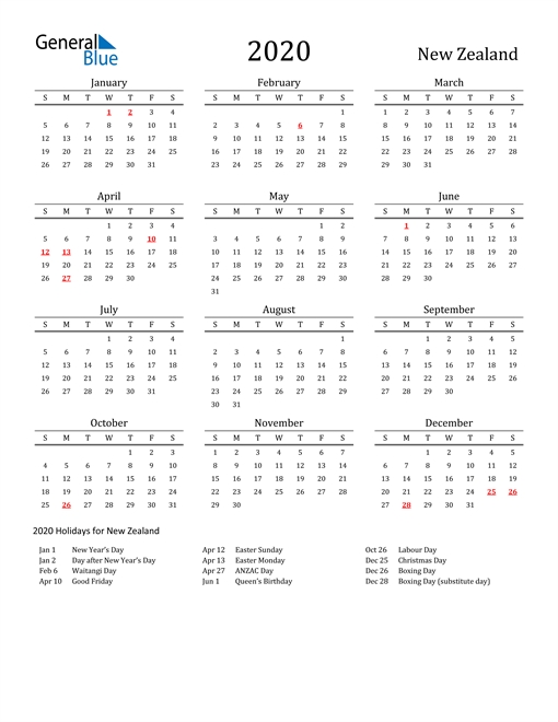 2020 Calendar - New Zealand With Holidays