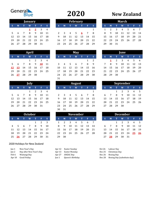 2020 Calendar - New Zealand With Holidays