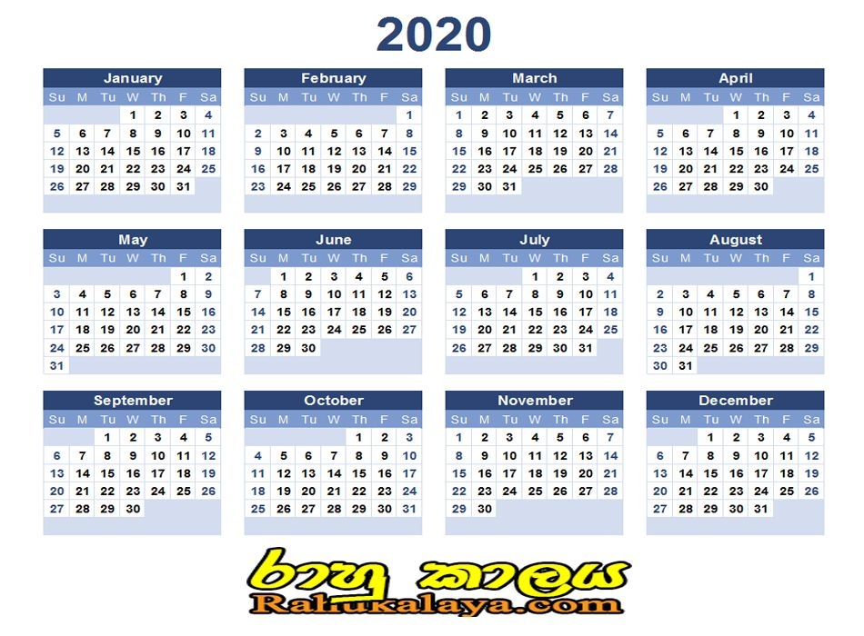 2020 Calendar - Rahu Kalaya | රාහු කාලය