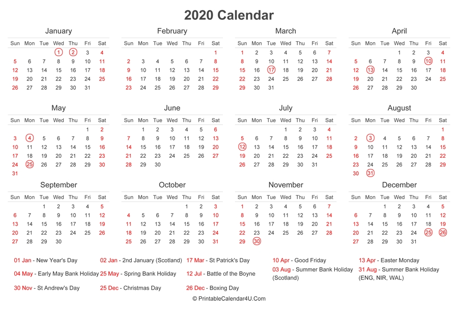 2020 Calendar With Uk Bank Holidays At Bottom (Landscape