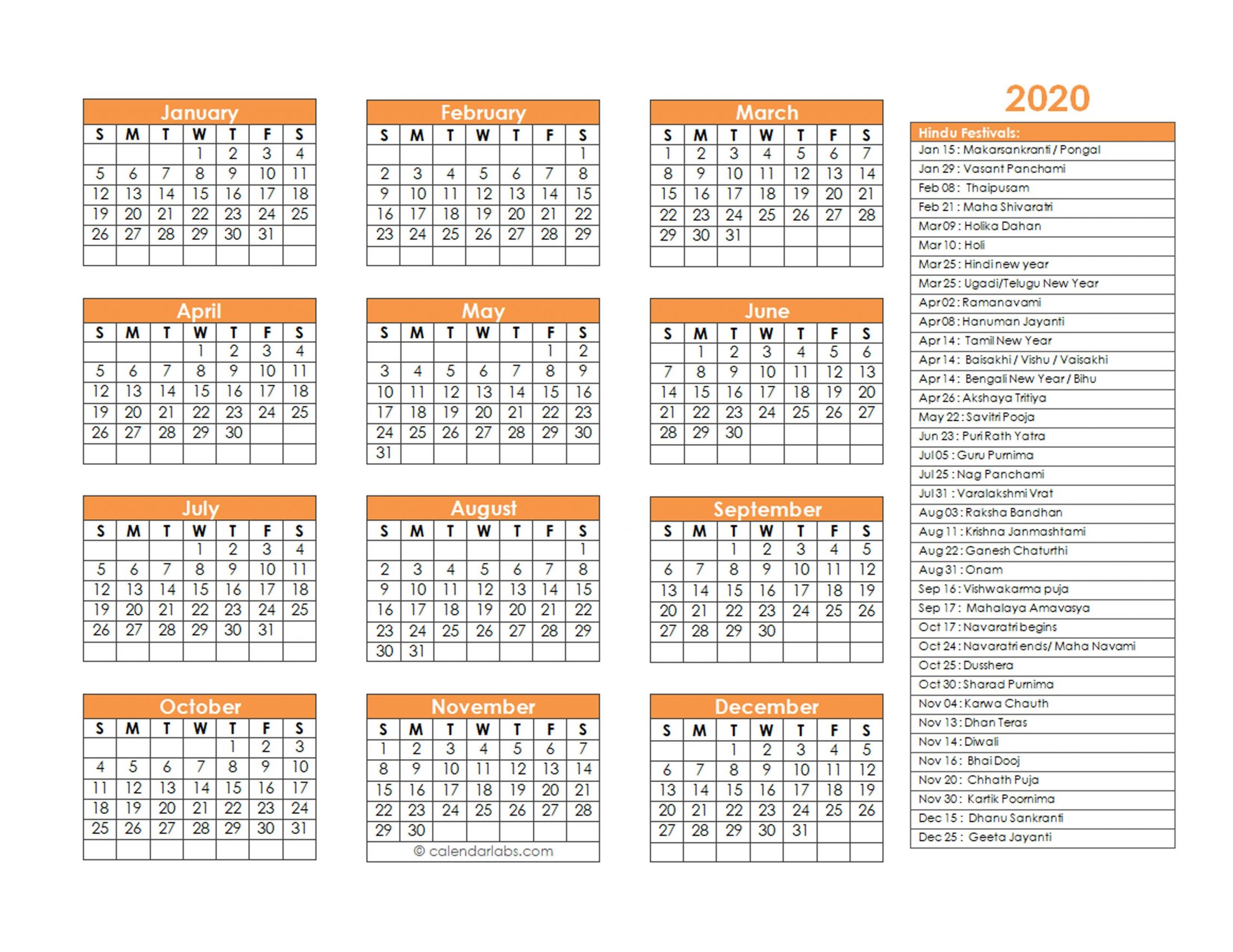 2020 Hindu Calendar With Tithi, Festivals, Holidays