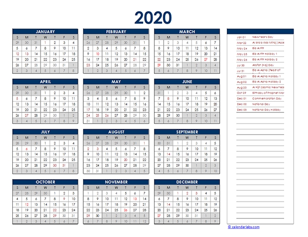 2020 Uae Yearly Excel Calendar - Free Printable Templates