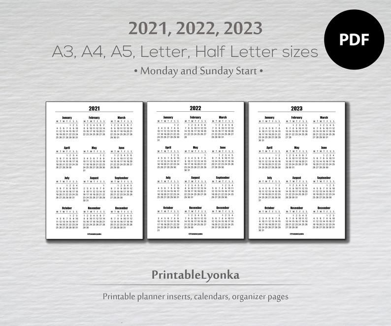 2021 2022 2023 Yearly Calendar Printable/ Pdf/ A3 A4 A5 | Etsy