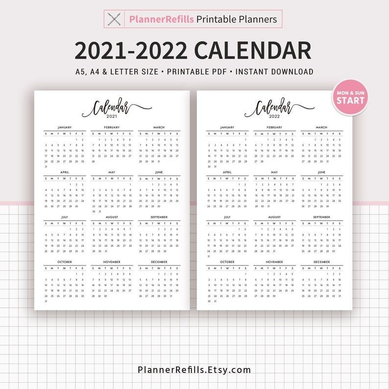 2021-2022 Calendar Printable Year At A Glance Planner | Etsy