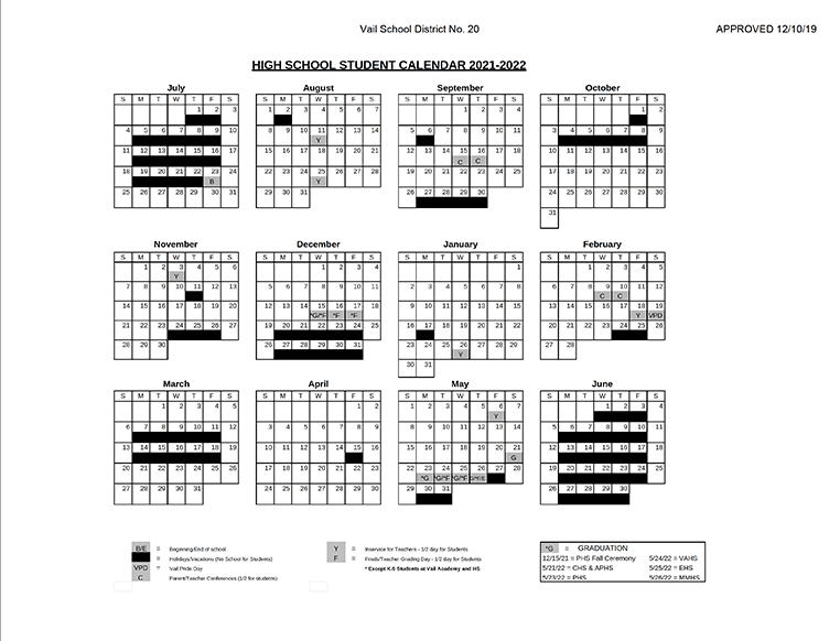 2021-2022 Student Calendars | Vail School District
