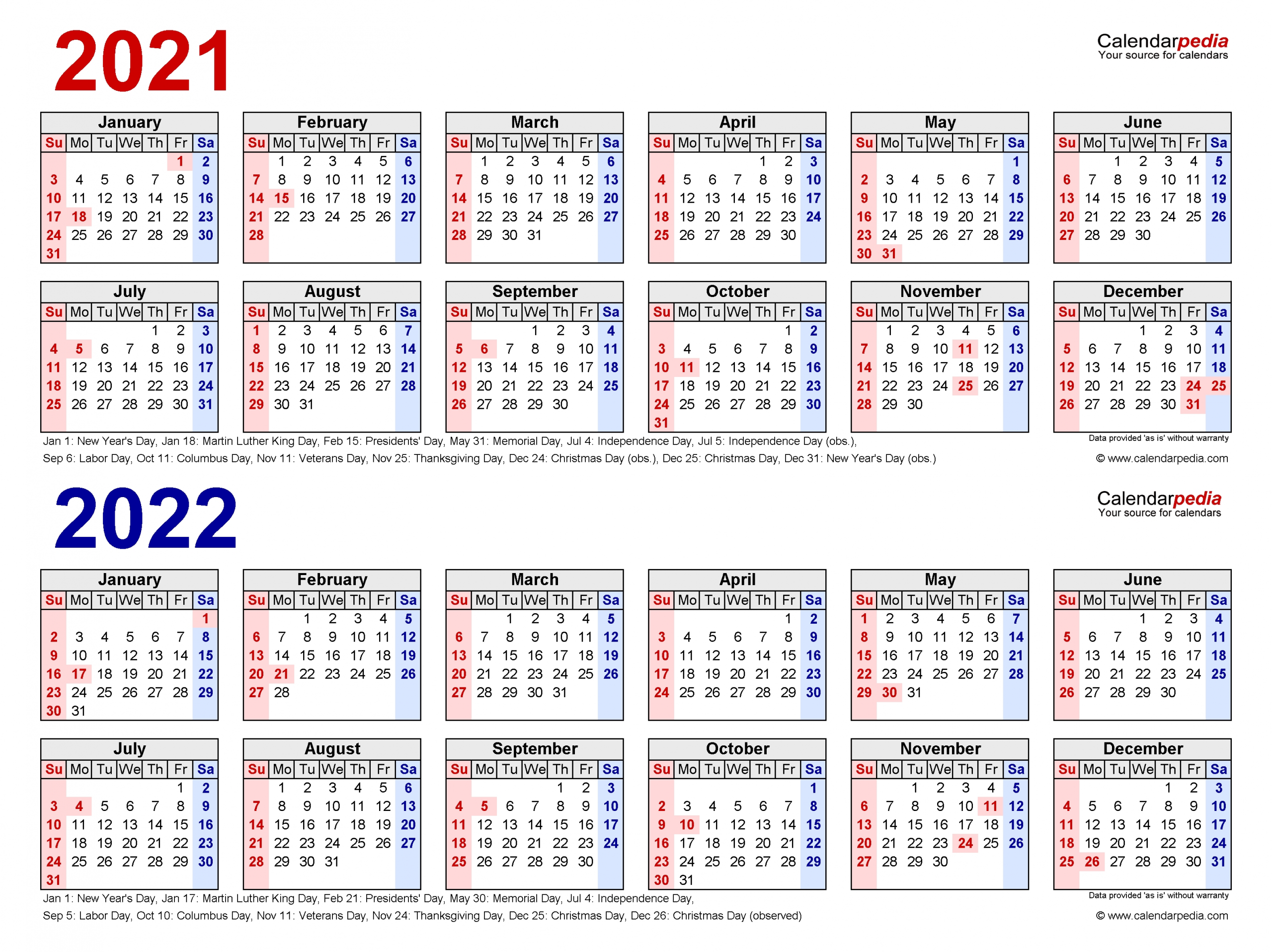 2021-2022 Two Year Calendar - Free Printable Excel Templates