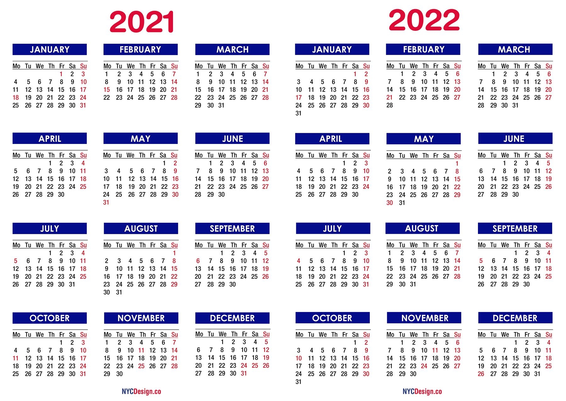 2021 - 2022 Two Year Calendar With Holidays, Printable