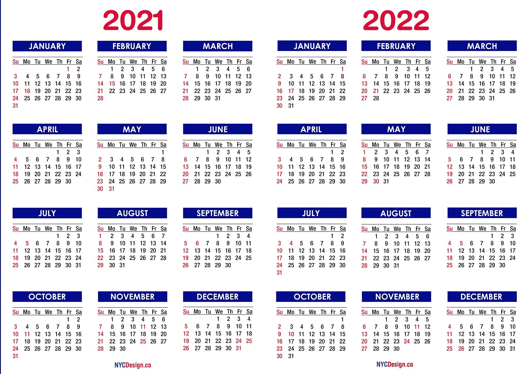 2021 - 2022 Two Year Calendar With Holidays, Printable