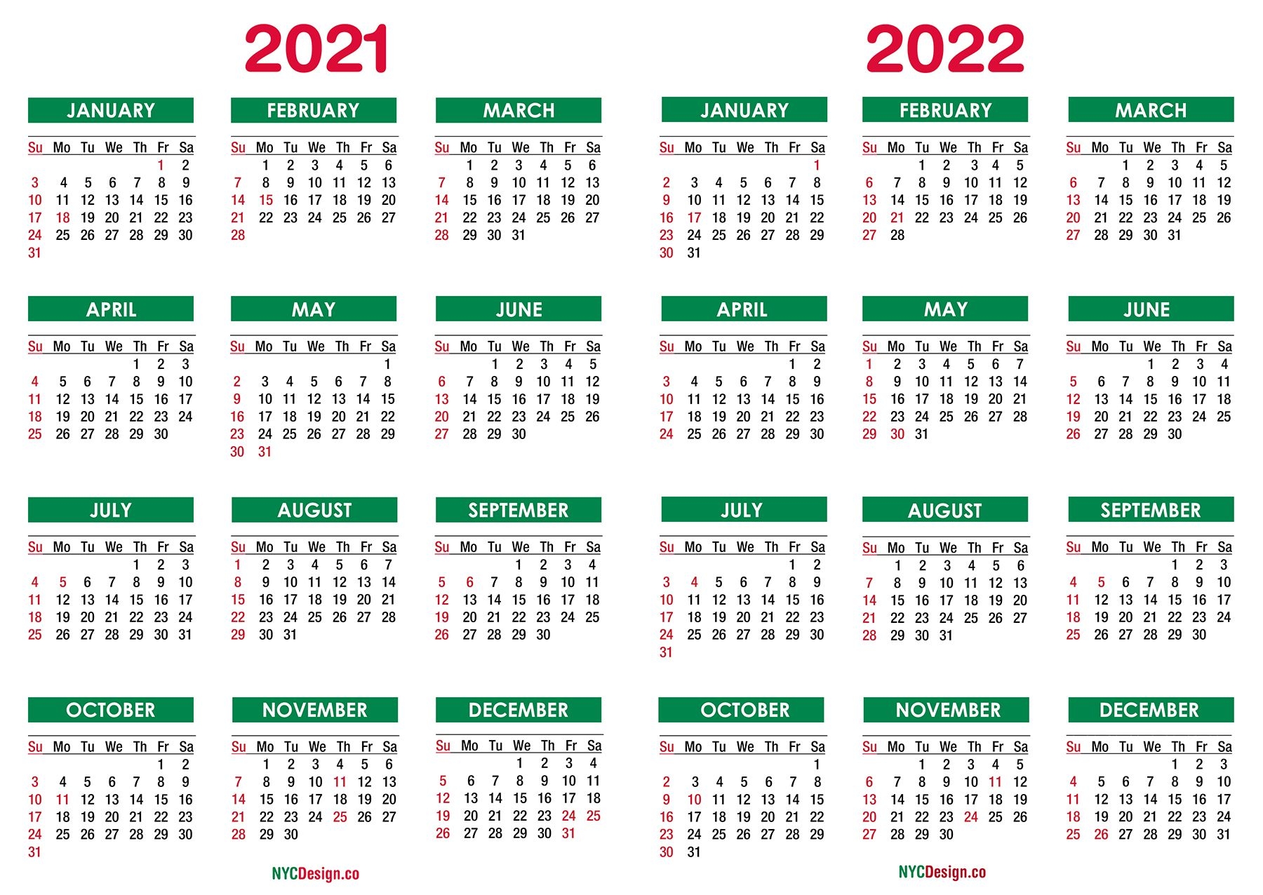 2021 - 2022 Two Year Calendar With Holidays, Printable