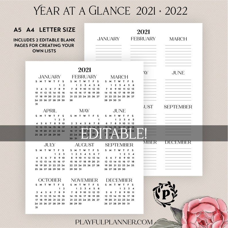 2021 2022 Year At A Glance Editable Printable Yearly