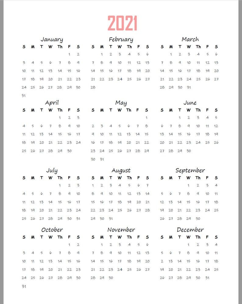 2021-2022 Yearly Calendar At A Glance Printable Planner | Etsy