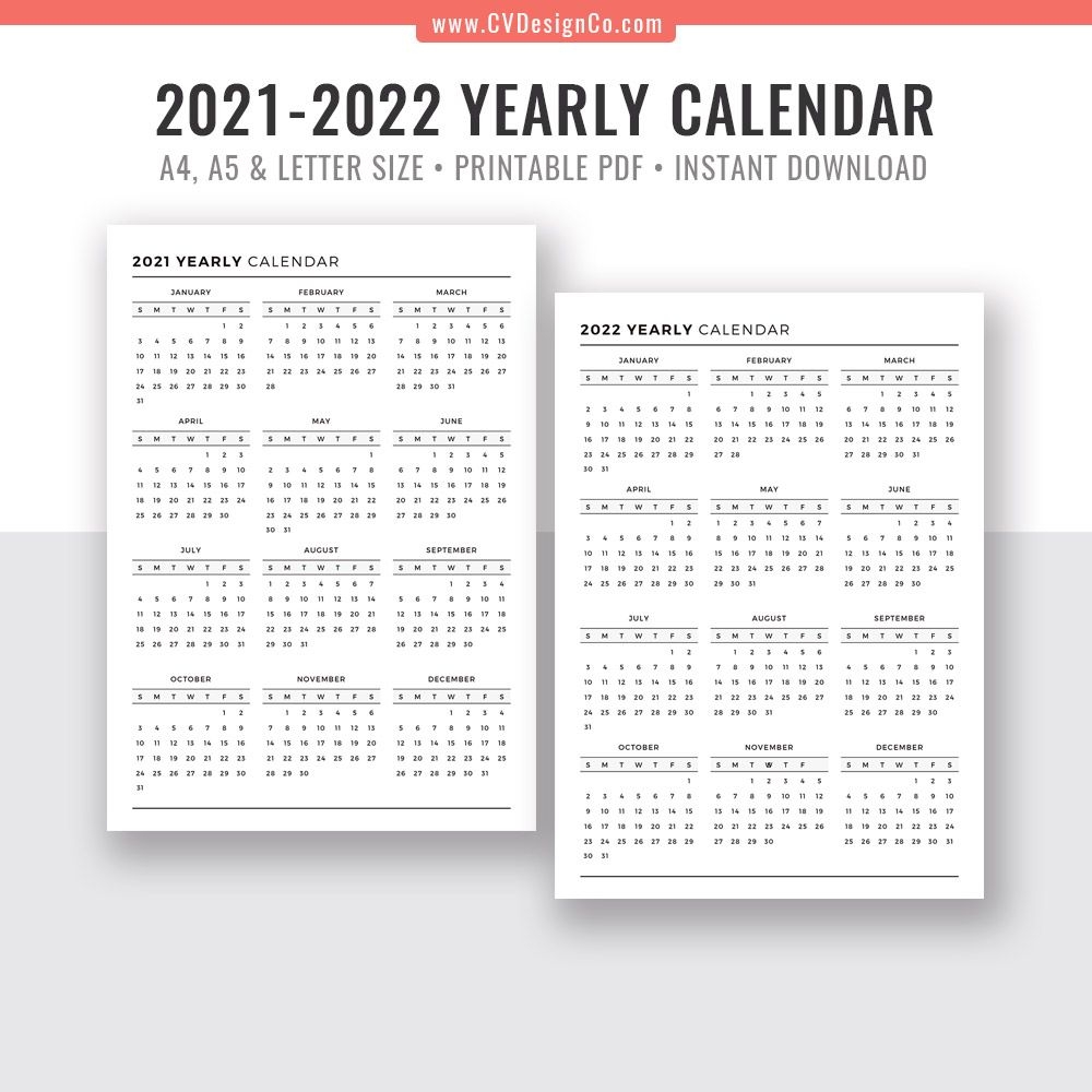 2021-2022 Yearly Calendar, Year At A Glance, Digital