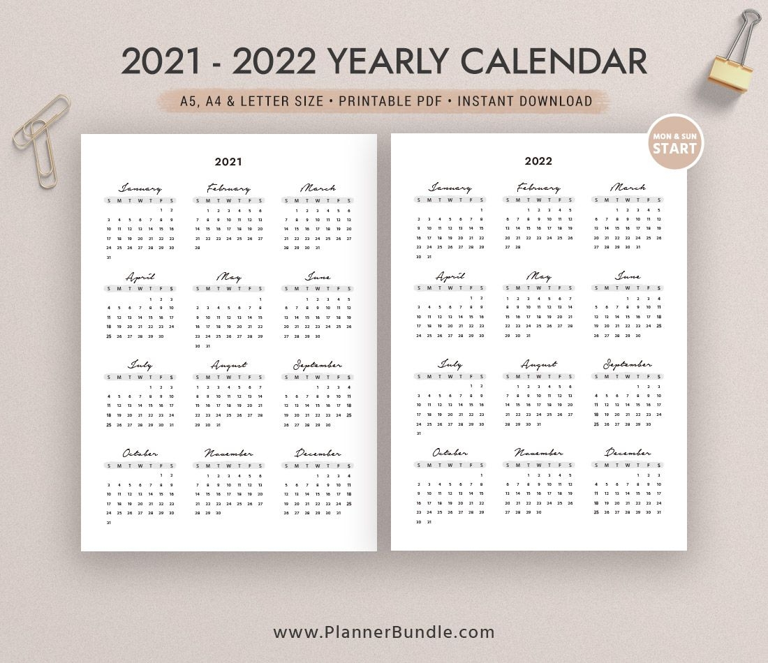 2021-2022 Yearly Calendar, Year At A Glance, Printable