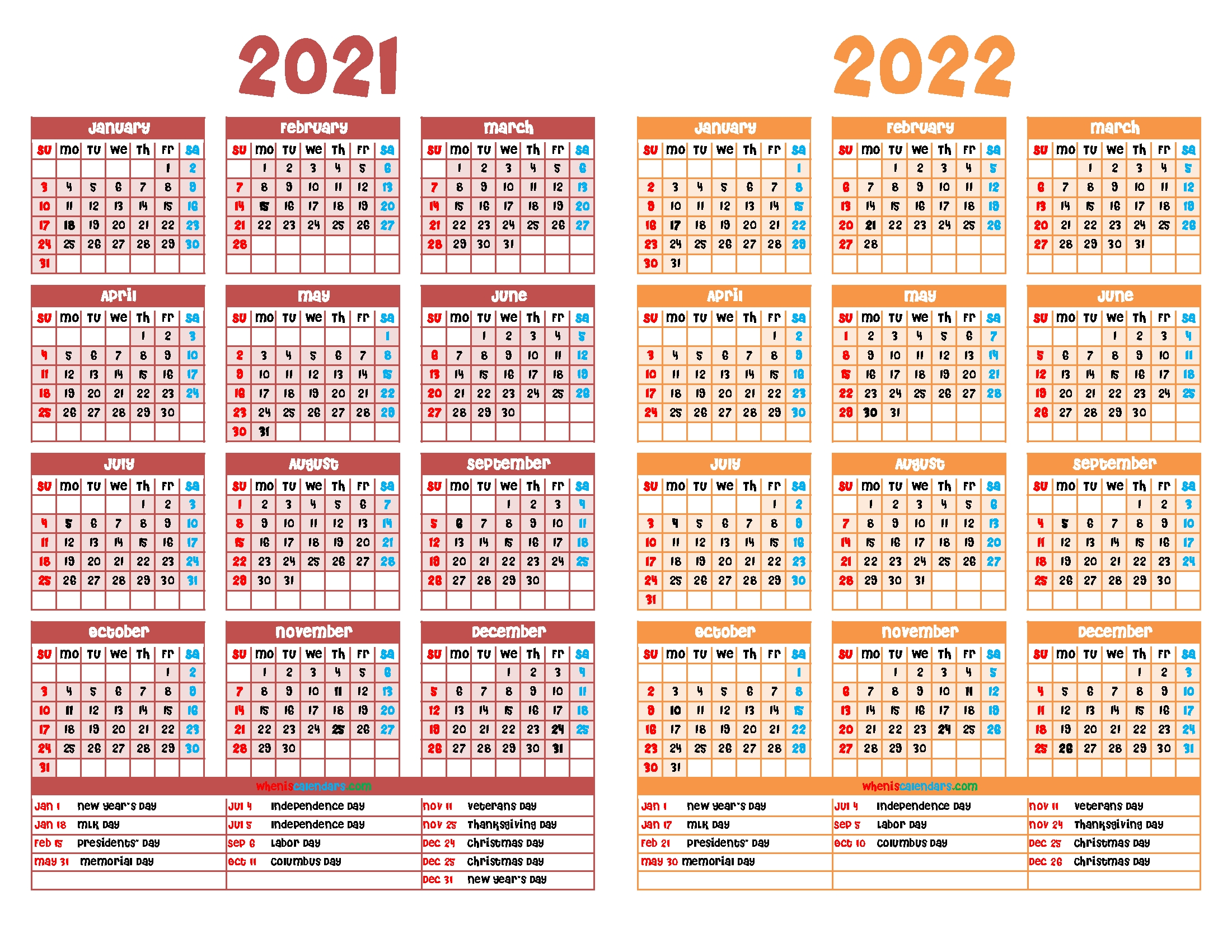 2021 And 2022 Calendar Printable Free