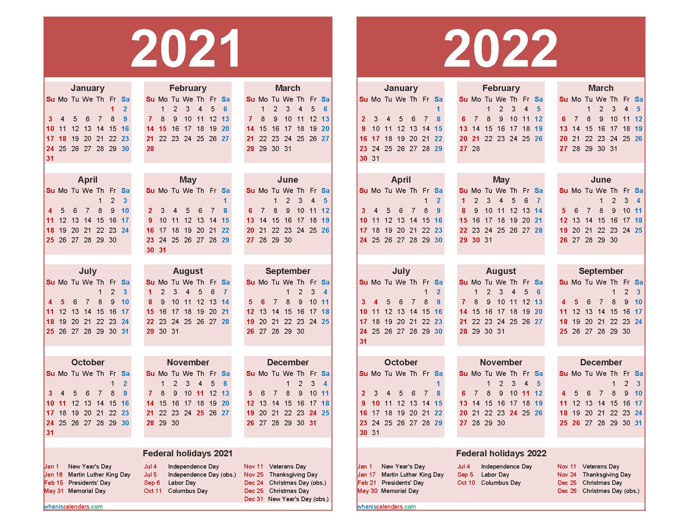 2021 And 2022 Calendar Printable With Holidays Word, Pdf