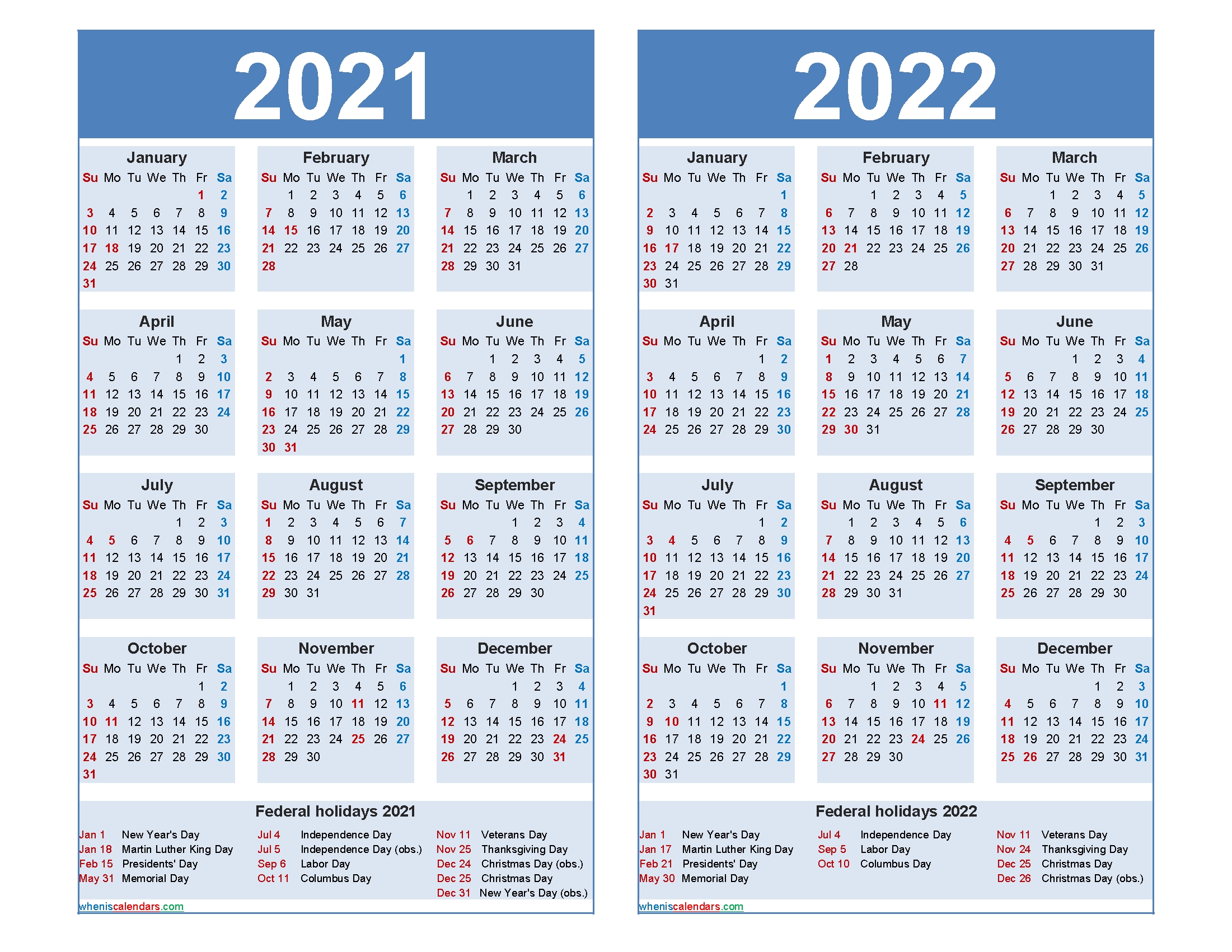 2021 And 2022 Calendar Printable With Holidays