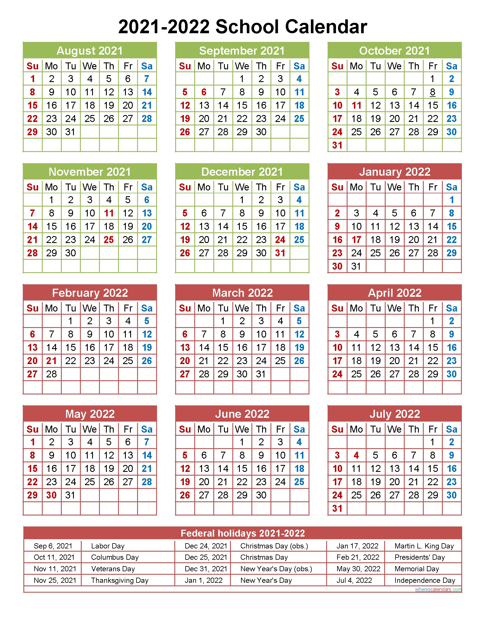 2021 And 2022 School Calendar Printable (Portrait