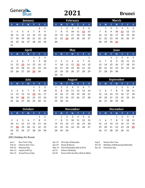 2021 Calendar - Brunei With Holidays