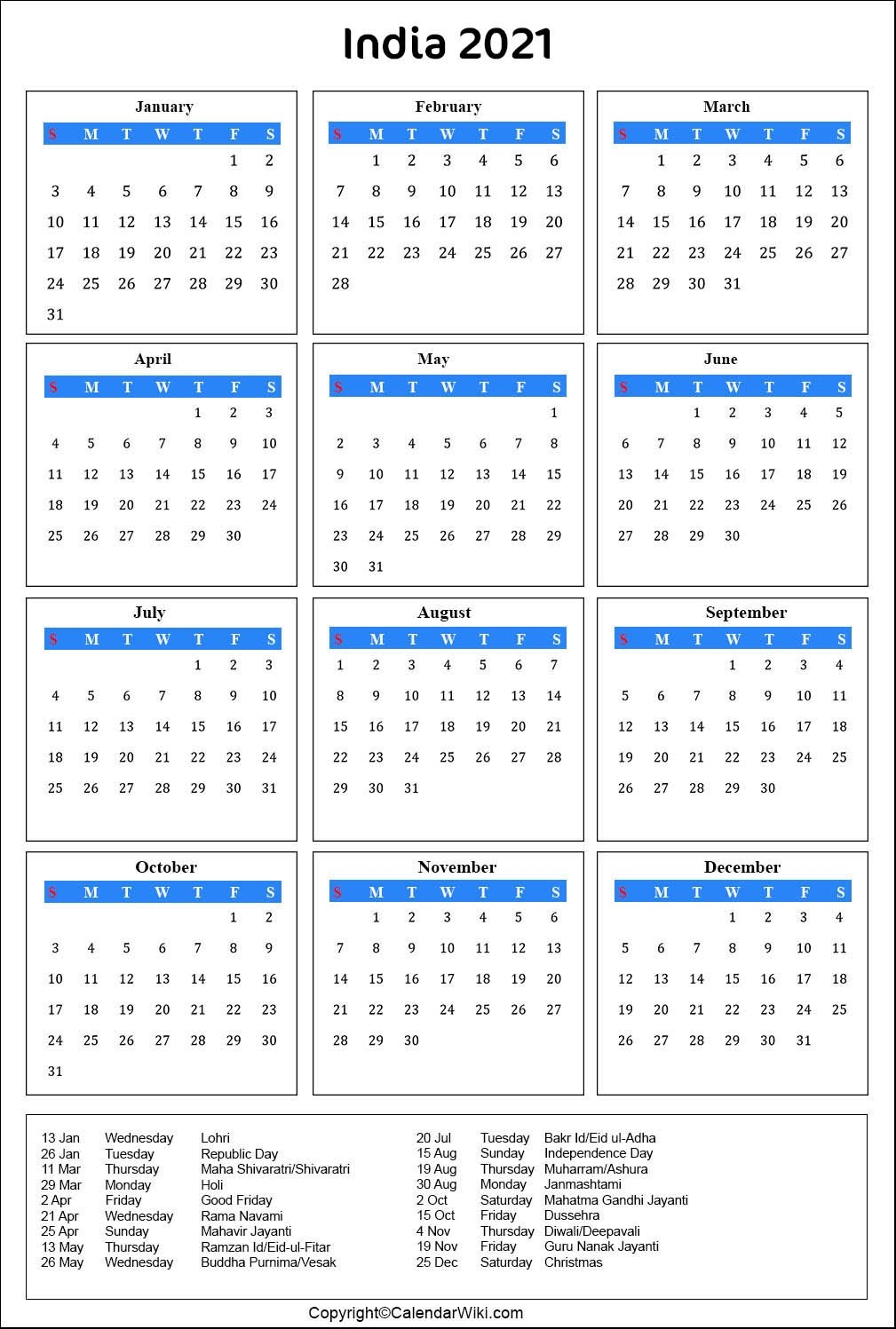 2021 Calendar Holidays List India | 2021 Calendar