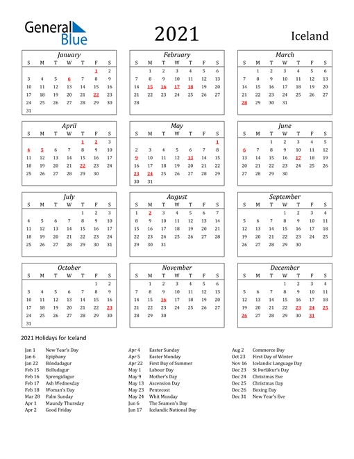2021 Calendar - Iceland With Holidays