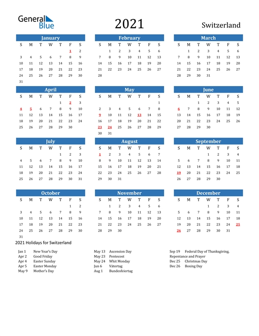 2021 Calendar - Switzerland With Holidays