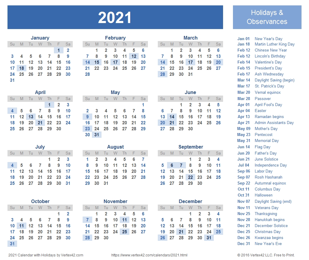 2021 Calendar With Holidays | 2020Calendartemplates