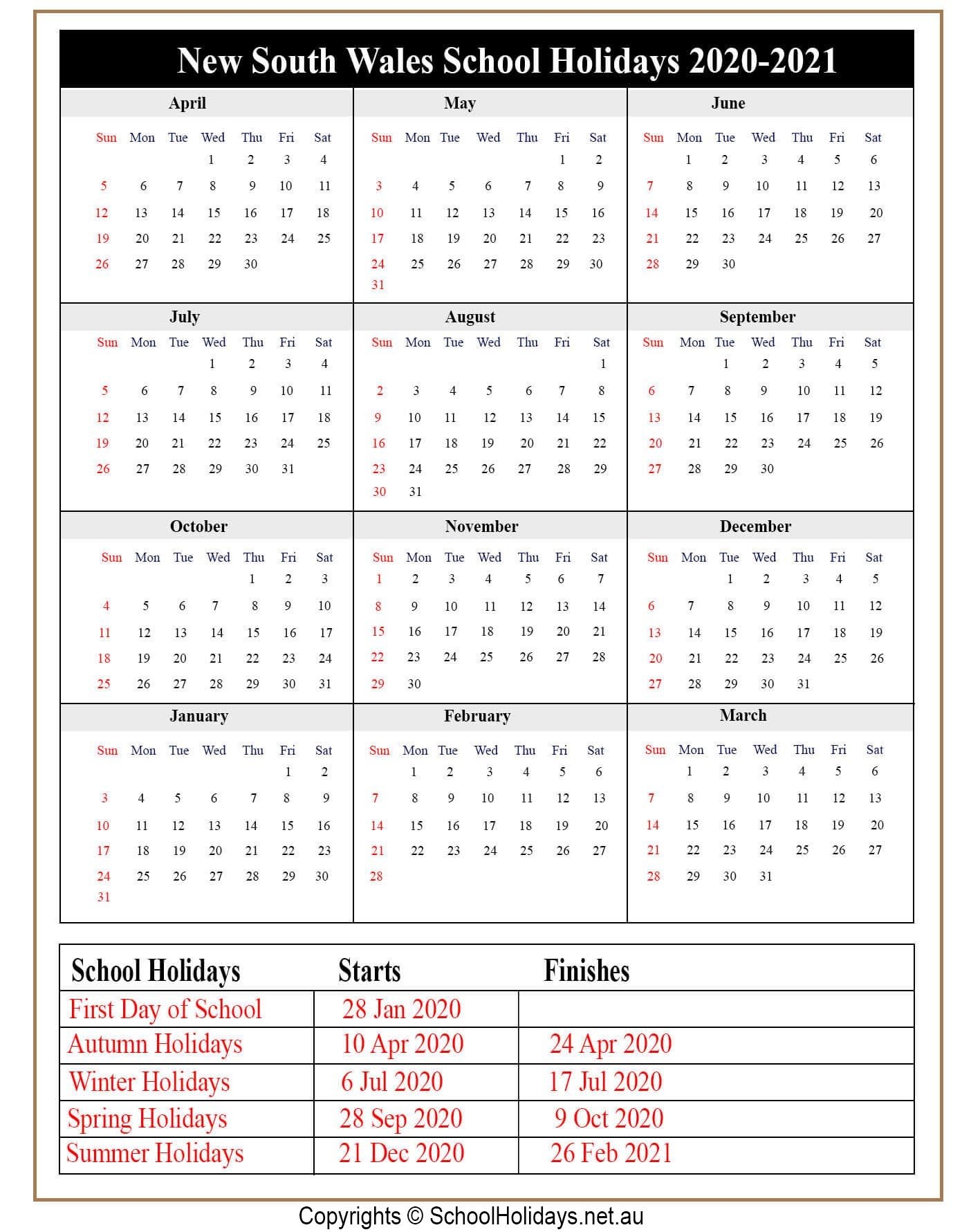 2021 Calendar With Nsw School Holidays | Printable