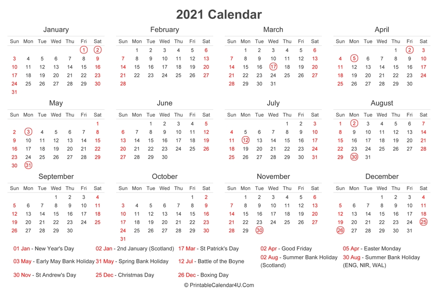 2021 Calendar With Uk Bank Holidays At Bottom (Landscape