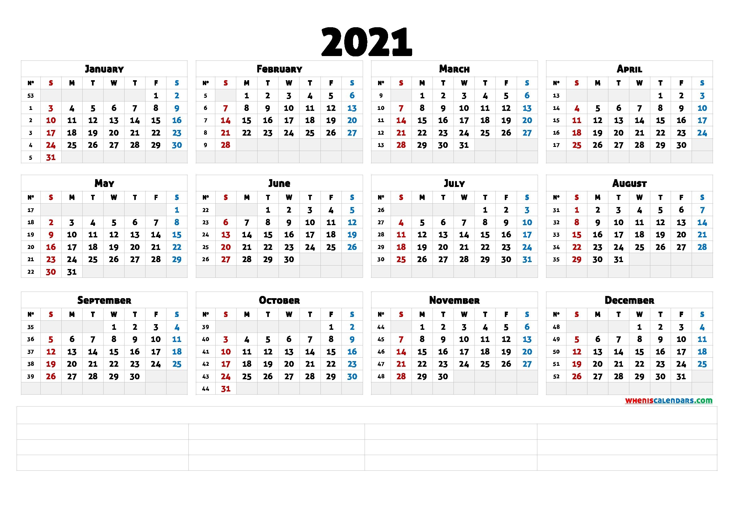 2021 Calendar With Week Number Printable Free : Free