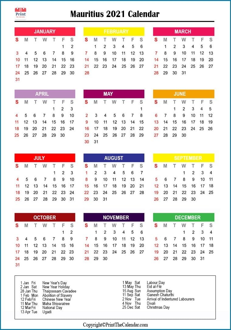 2021 Holiday Calendar Mauritius | Mauritius 2021 Holidays