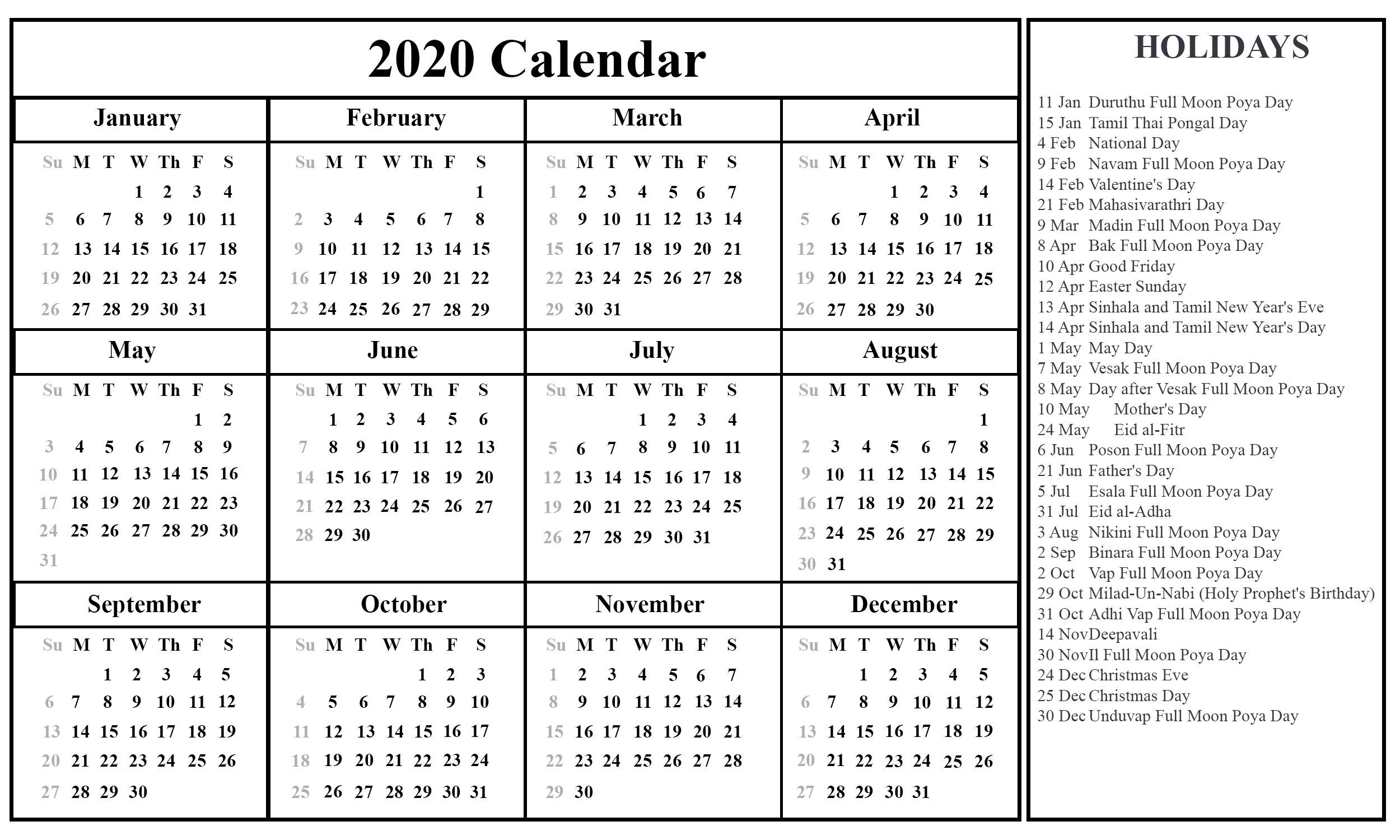 2021 Holiday Calendar Sri Lanka | Printable March