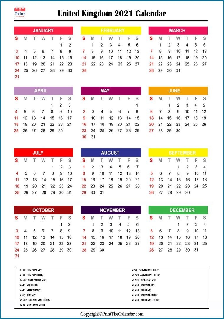 2021 Holiday Calendar Uk | Uk 2021 Holidays