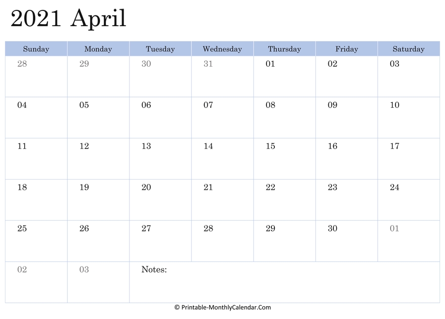 2021 Printable Calendar April