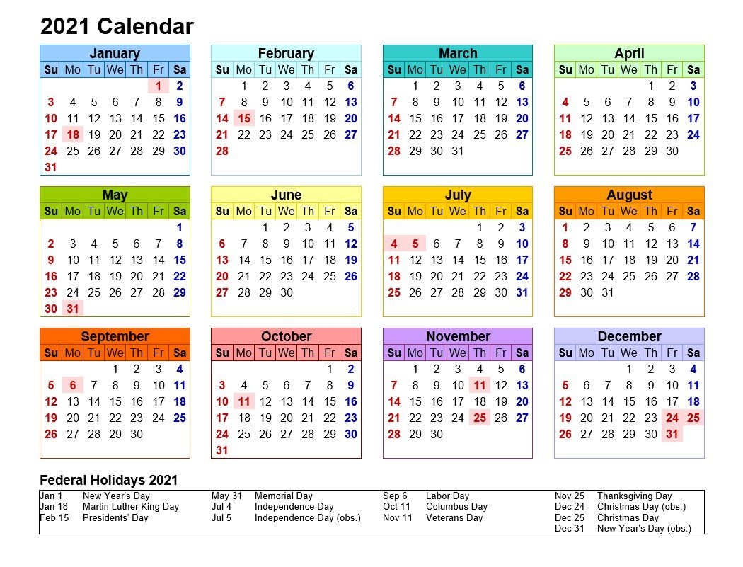 2021 Printable Calendar Landscape Format