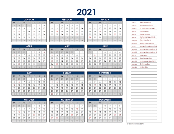 2021 Uk Annual Calendar With Holidays - Free Printable