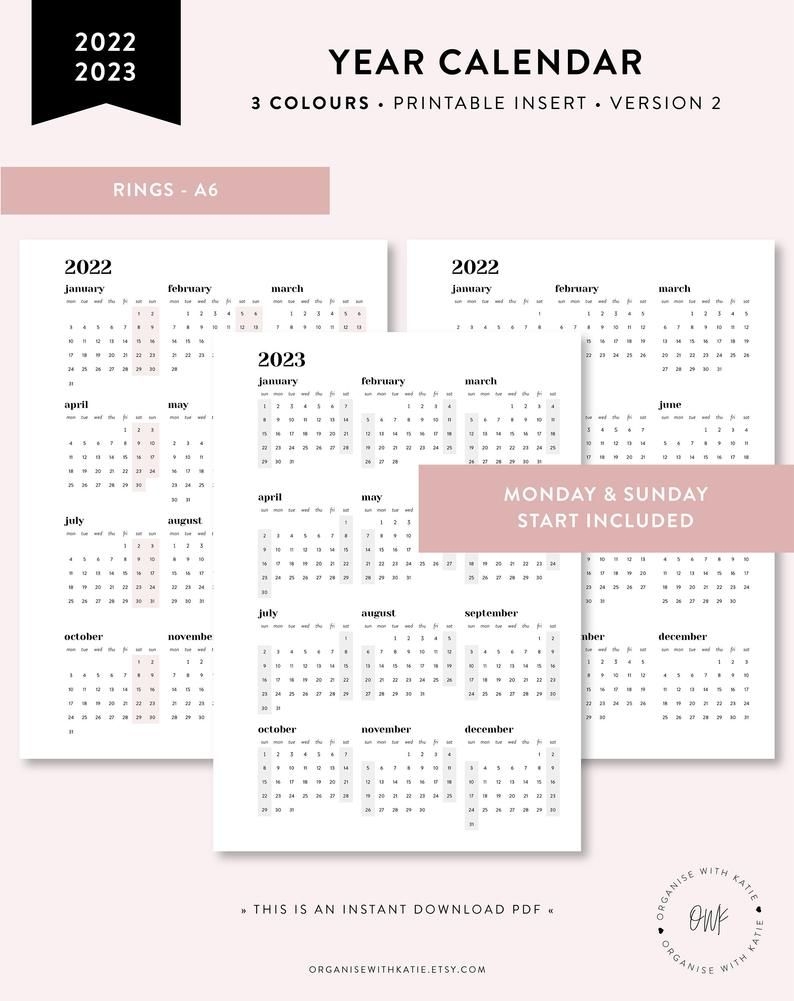 2022 2023 A6 Rings Calendar Printable Year At A Glance | Etsy