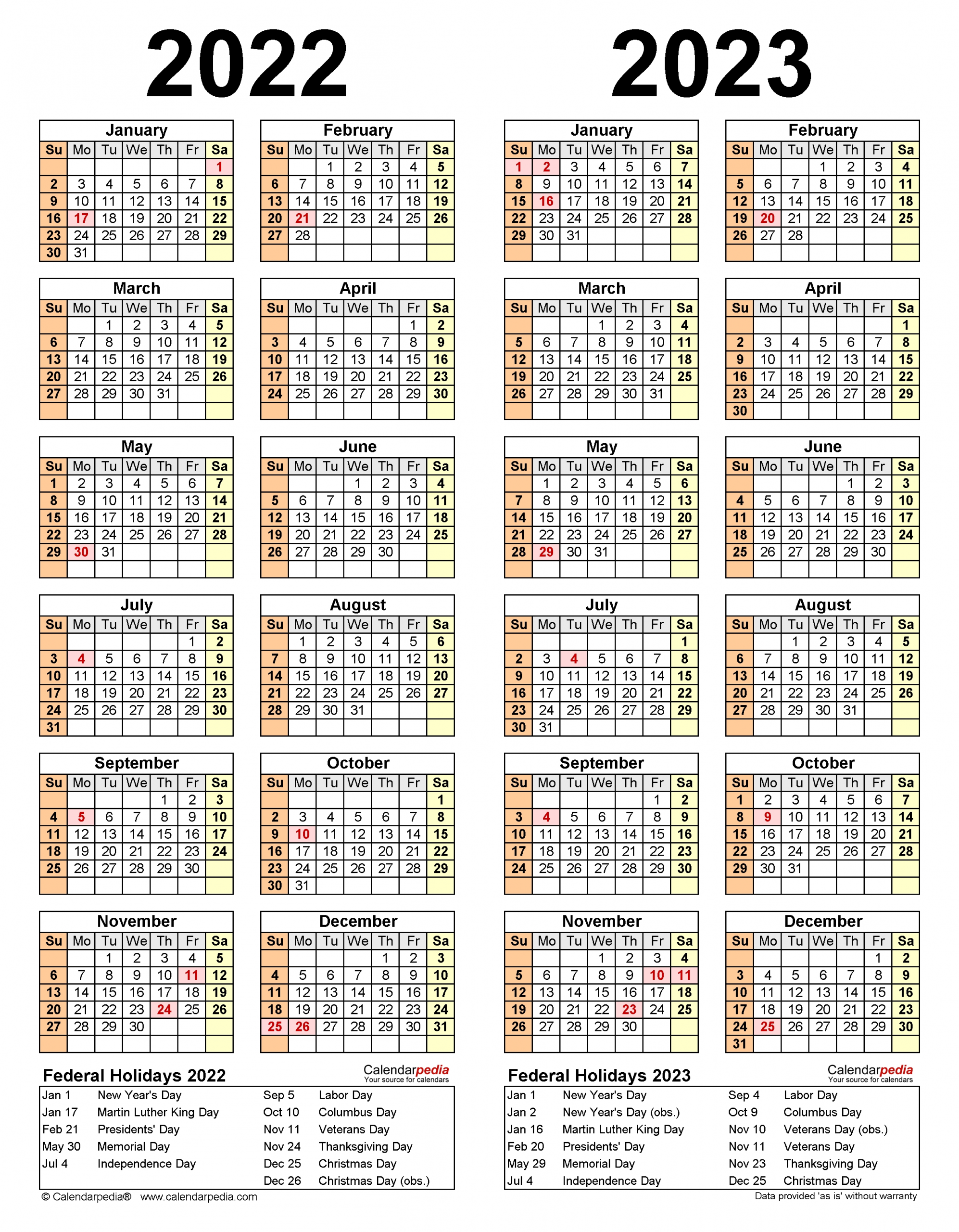 2022-2023 Two Year Calendar - Free Printable Word Templates