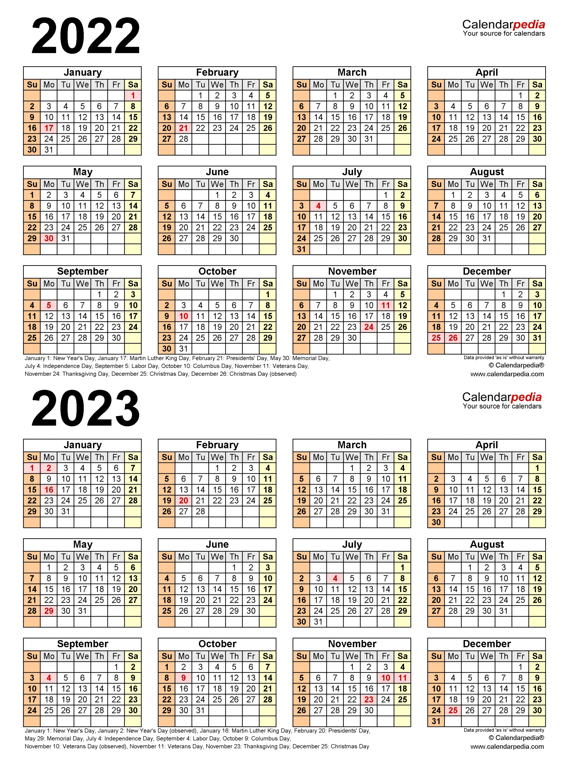 2022-2023 Two Year Calendar - Free Printable Word Templates