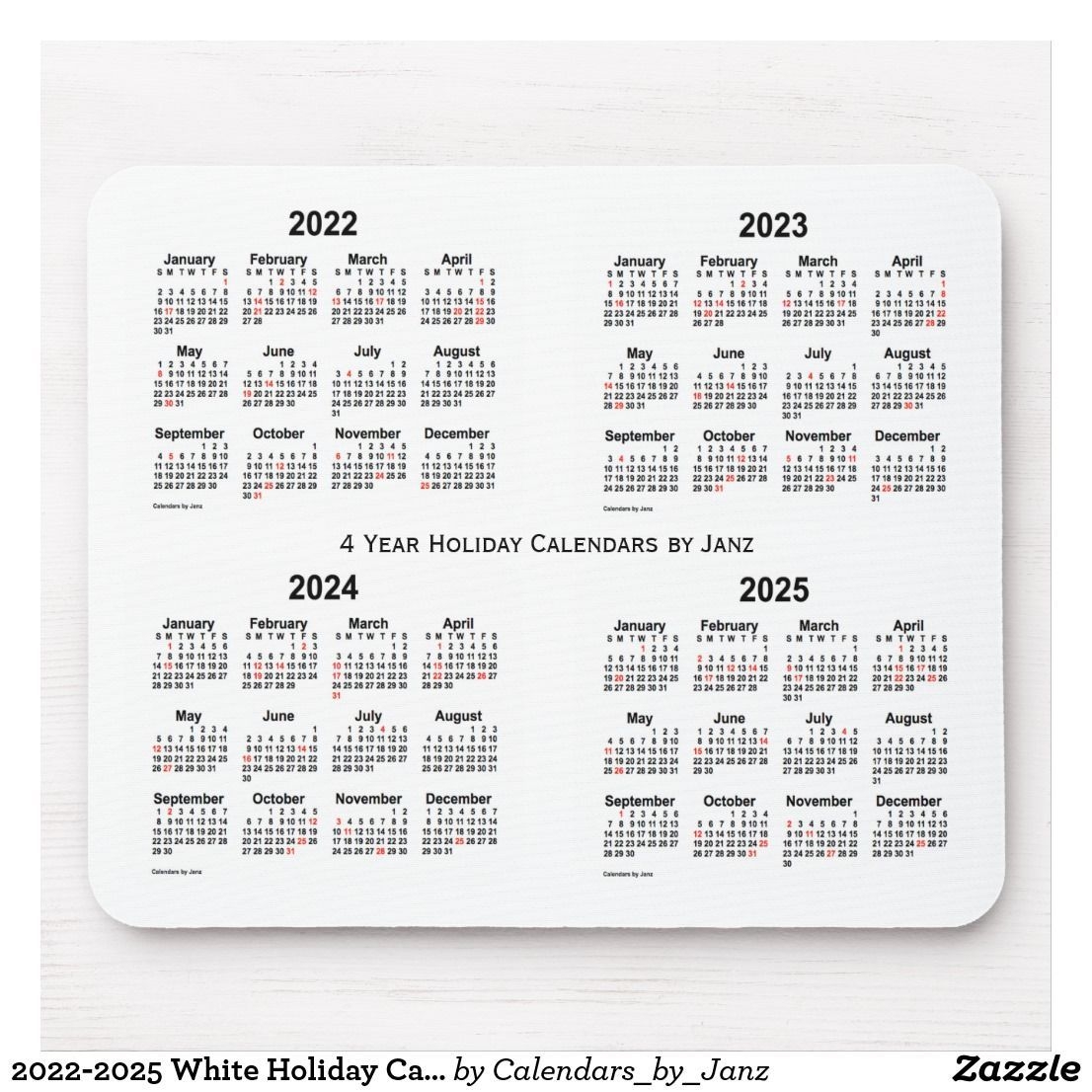 2022-2025 White Holiday Calendar By Janz Mouse Pad