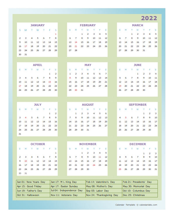 2022 Annual Calendar Design Template - Free Printable