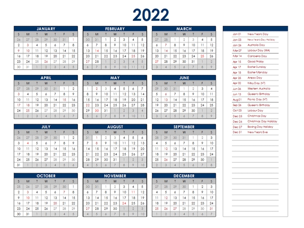 2022 Australia Annual Calendar With Holidays - Free