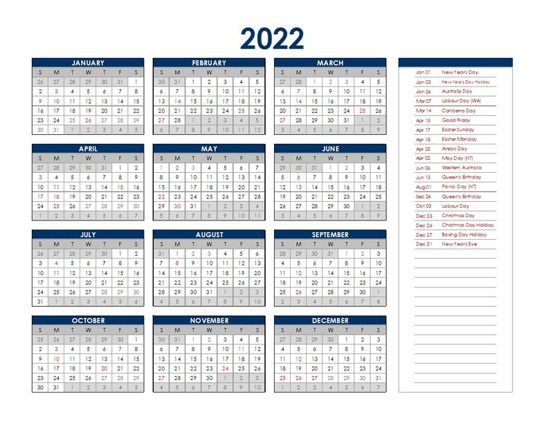 2022 Australia Annual Calendar With Holidays - Free