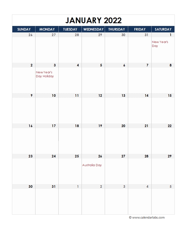 2022 Australia Calendar Spreadsheet Template - Free