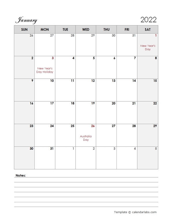 2022 Australia Calendar Template Large Boxes - Free